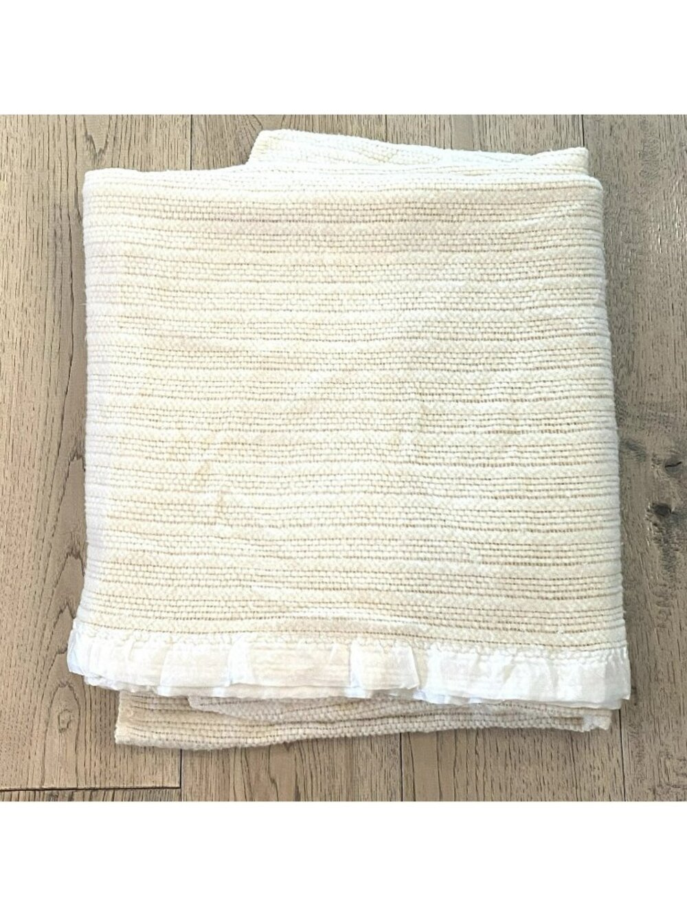 Vintage Acrylic Waffle Weave Blanket Satin Trim Cream 81x73 Made in USA